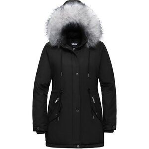 Women's Winter Black Faux Fur Hood Jacket Coat Zip Up Flap Pockets Designed